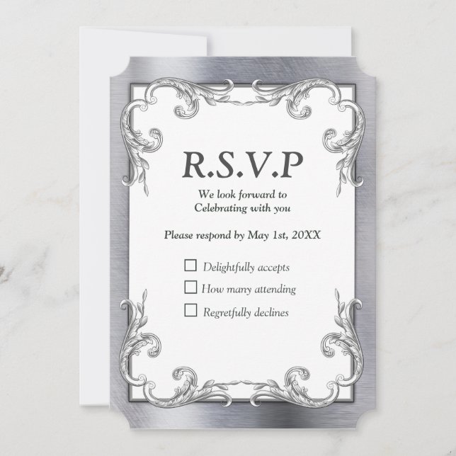 Tarjeta RSVP de Relieve metalizado-oro-plata-latón (Anverso)