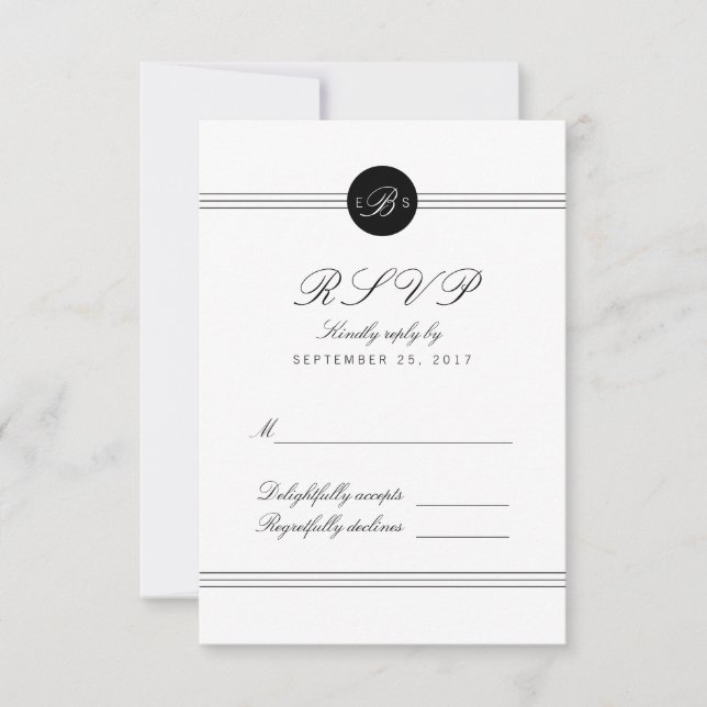 Tarjeta RSVP de respuesta a monograma blanco negro (Anverso)