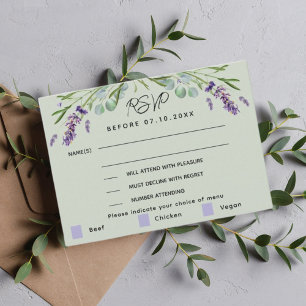 Tarjeta RSVP de respuesta al menú verde de Lavende