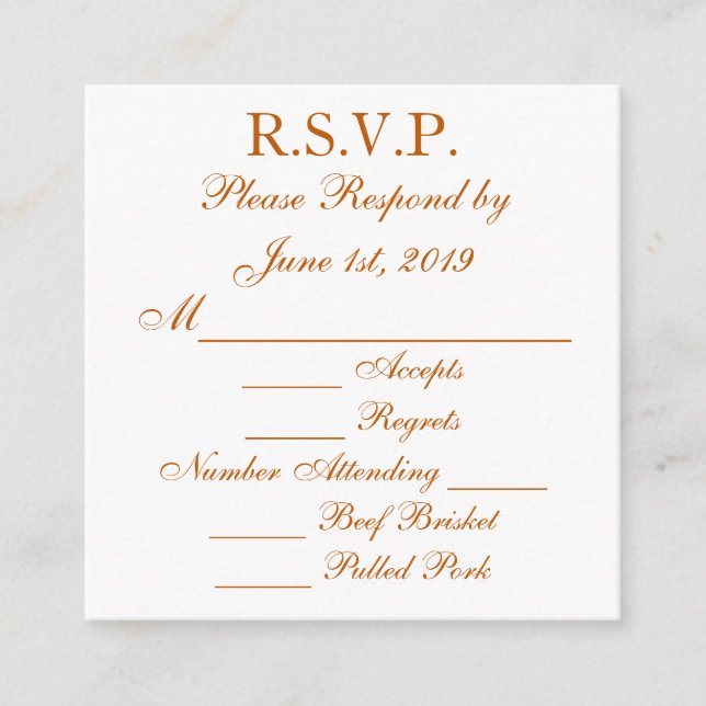 Tarjeta RSVP de respuesta blanca y Naranja quemado (Anverso)