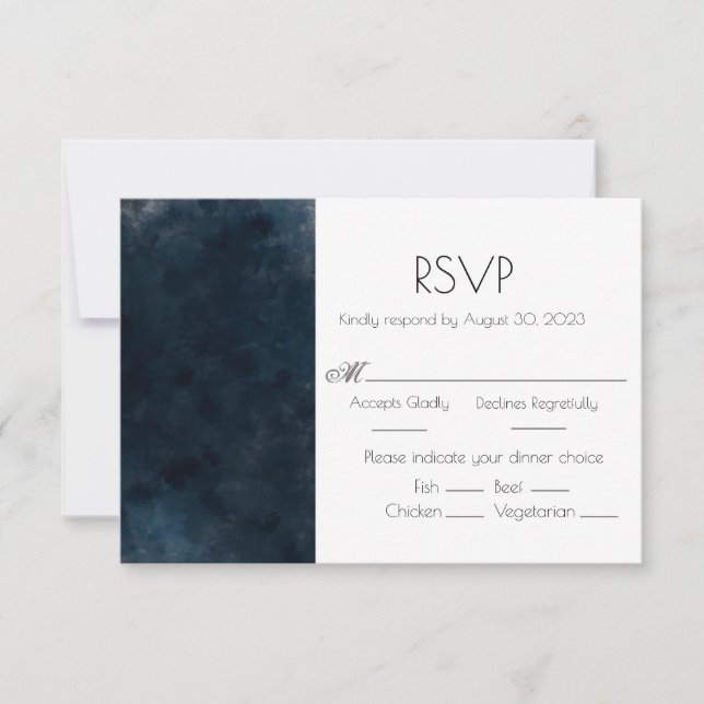 Tarjeta RSVP de respuesta Boda azul elegante (Anverso)