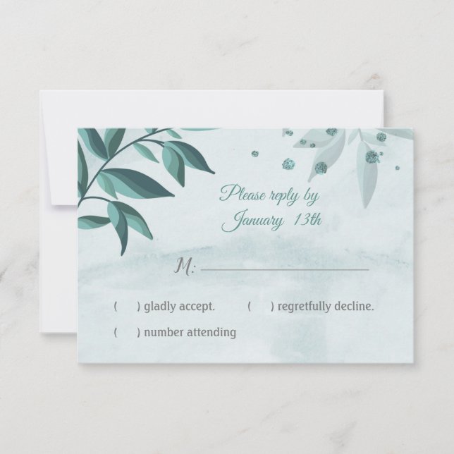 tarjeta rsvp de respuesta botánica de hojas azul v (Anverso)
