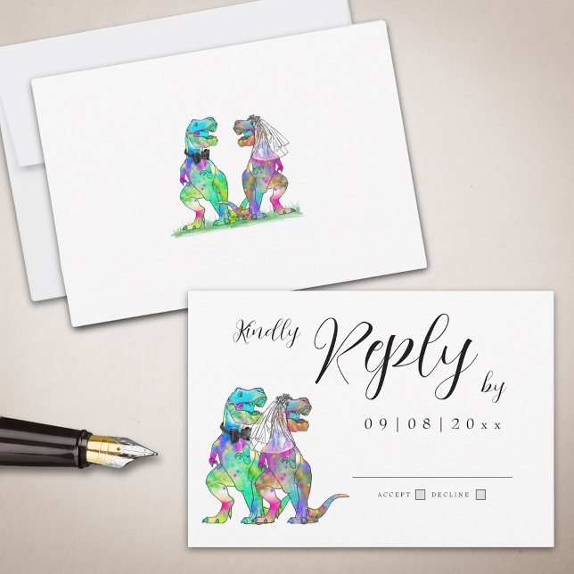 Tarjeta RSVP de respuesta de Boda de temas de dino (Dinosaur theme wedding invitation rsvp enclosure card with elegant script )
