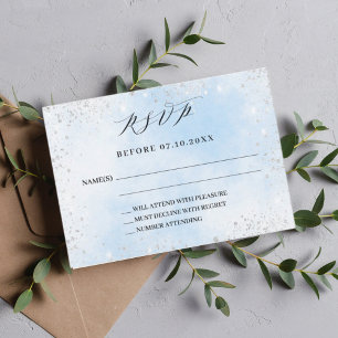 Tarjeta RSVP de respuesta de boda plateado azul cl