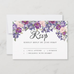 Tarjeta RSVP de respuesta de Boda rosa y púrpura d