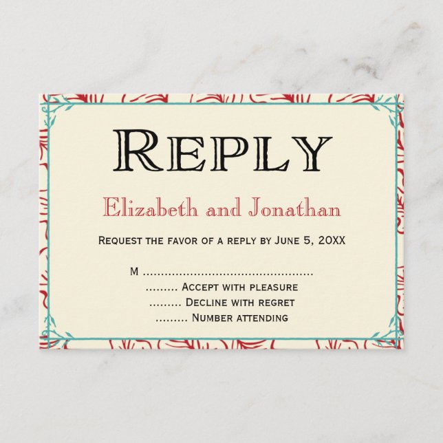 Tarjeta RSVP de respuesta de Boda Rústico Rojo y T (Anverso)