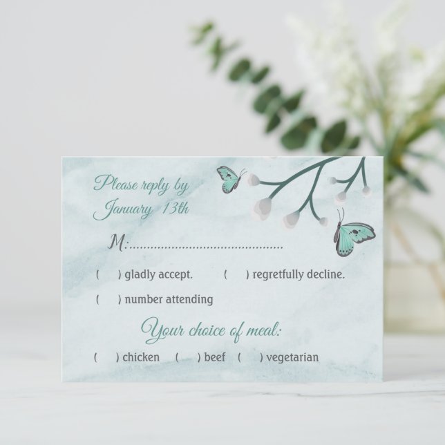 tarjeta rsvp de respuesta de mariposas azules romá (Anverso de pie)