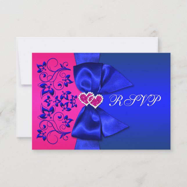 Tarjeta RSVP de RIBBON azul, boda floral rosa (Anverso)