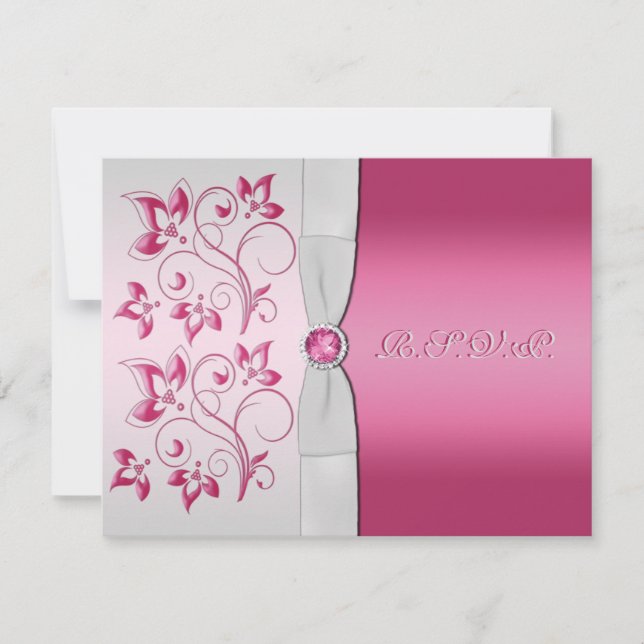 Tarjeta RSVP de RIBBON plateado y floral rosa IMPR (Anverso)