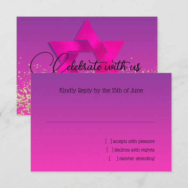 Tarjeta RSVP de rosa a morado con estrella (Anverso / Reverso)