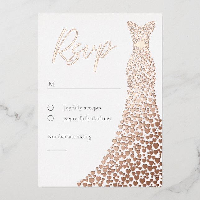 Tarjeta RSVP de Rosa de Vestido Relieve metalizado (Anverso)