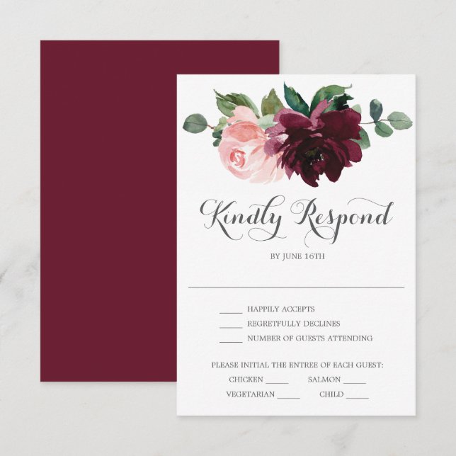 Tarjeta RSVP de Rubor Burgundy Wedding (Anverso / Reverso)