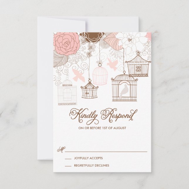 Tarjeta RSVP de Rubor Pink Whimsical Birdcages (Anverso)