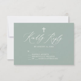 Tarjeta RSVP de Sage Green Cross White Boy Baptism