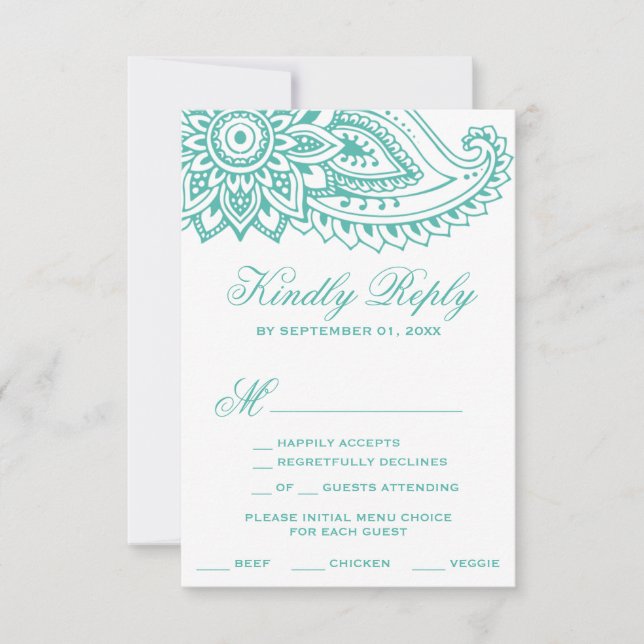 Tarjeta RSVP de selección de menú Paisley indio ve (Anverso)