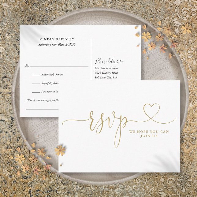 Tarjeta RSVP de Solicitud de Canción de Guión del  (Gold Heart Script Wedding Song Request RSVP Card)