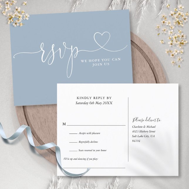Tarjeta RSVP de solicitud de canción Dusty Blue He (Dusty Blue Heart Script Song Request RSVP Card)