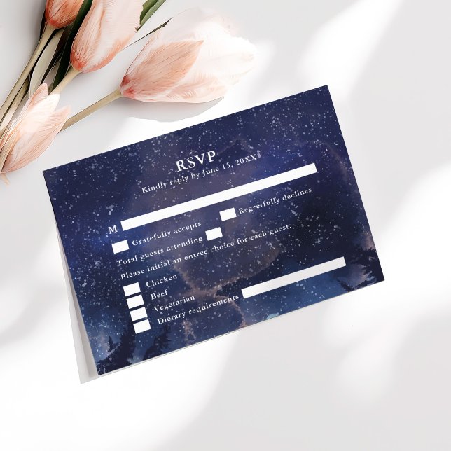 Tarjeta RSVP de Starry Night Forest Wedding (Starry Night Forest Wedding RSVP Card on a sunny table with pale pink flowers,)