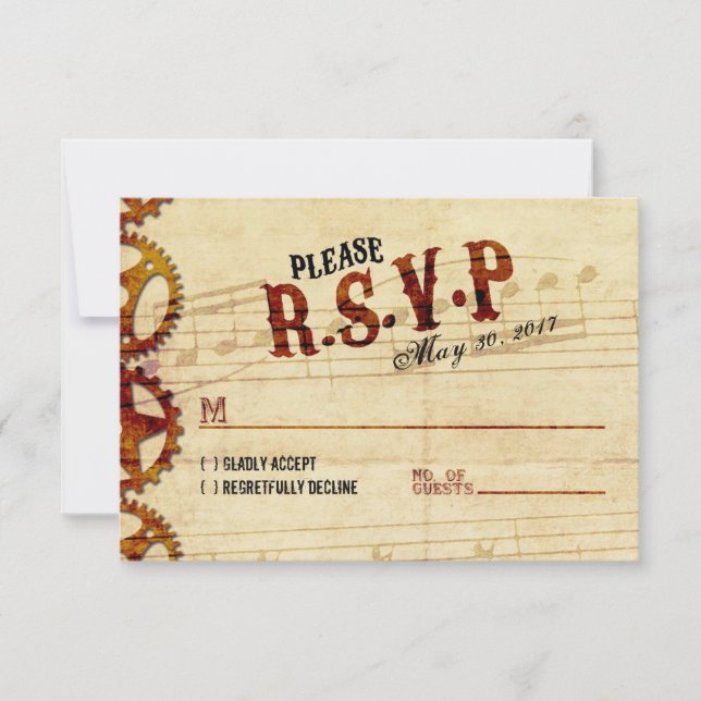 Tarjeta RSVP de Steampunk Musical Wedding (Anverso)