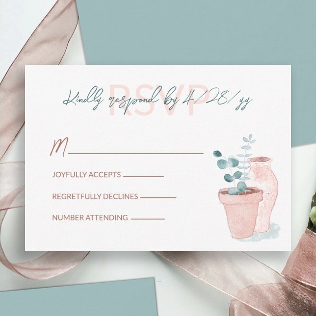 Tarjeta RSVP de Terracota, Eucalyptus Green Weddin (light terracotta clay pot light green eucalyptus leaves wedding rsvp response reply enclosure card)