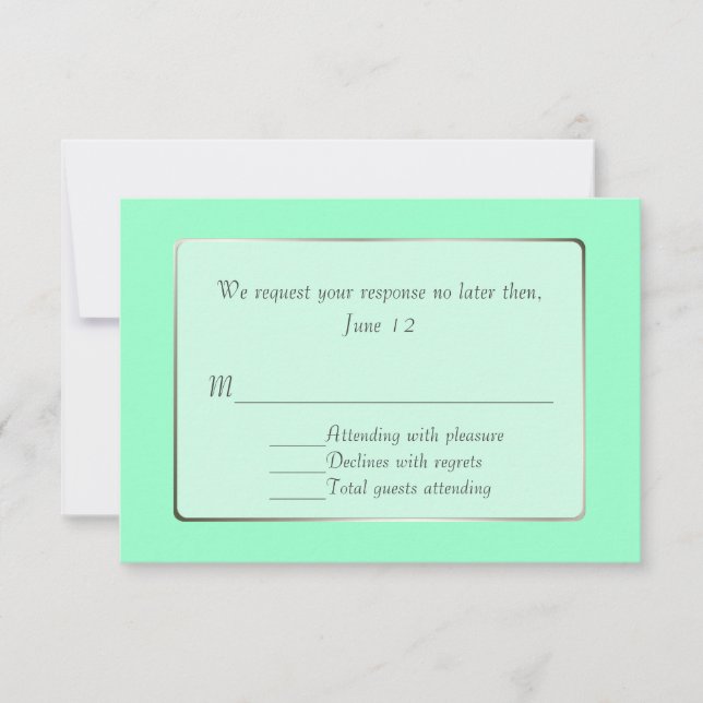 Tarjeta RSVP de tonos verde y plateado para menta (Anverso)