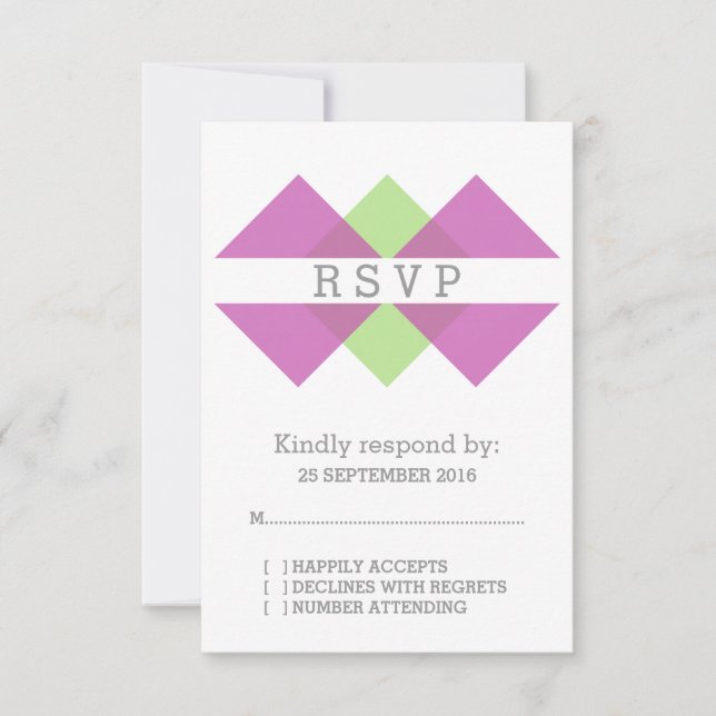 Tarjeta RSVP de tríada geométrica verde de Fuchsia (Anverso)