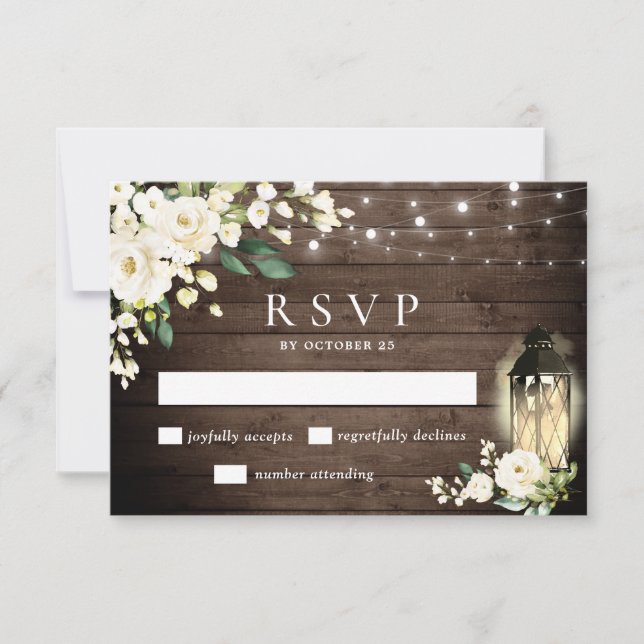 Tarjeta RSVP de vegetación de madera y rosas blanc (Anverso)