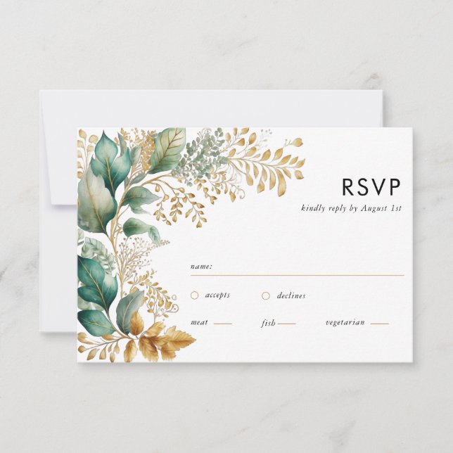 Tarjeta RSVP de Verdor y Hoja de Oro Square Sage (Anverso)