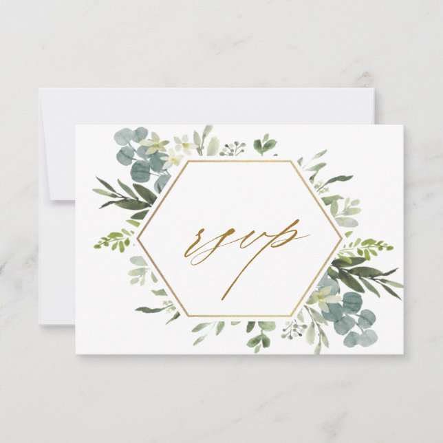 Tarjeta RSVP de Watercolor Green Gold Hexagon Wedd (Anverso)