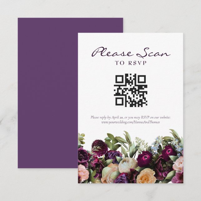 Tarjeta RSVP del código QR del Boda floral oscuro  (Anverso / Reverso)