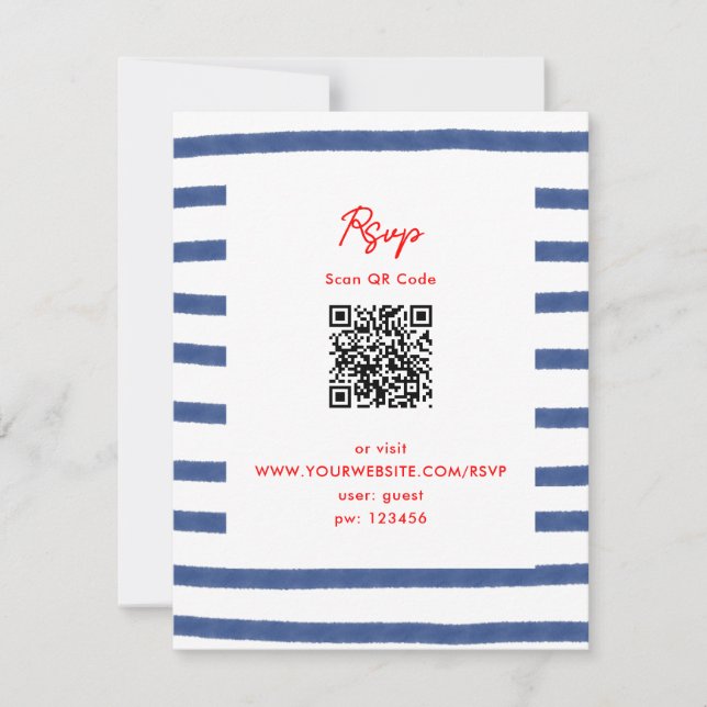 Tarjeta RSVP del faro rayado Red Blue Coast (Anverso)