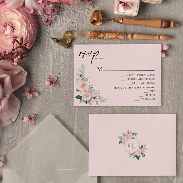 Tarjeta RSVP del menú Boda rosa floral de Rubor (Subido por el creador)