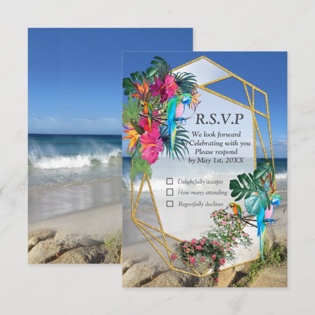 Tarjeta RSVP del paisaje de la playa de Flora Trop (Anverso / Reverso)