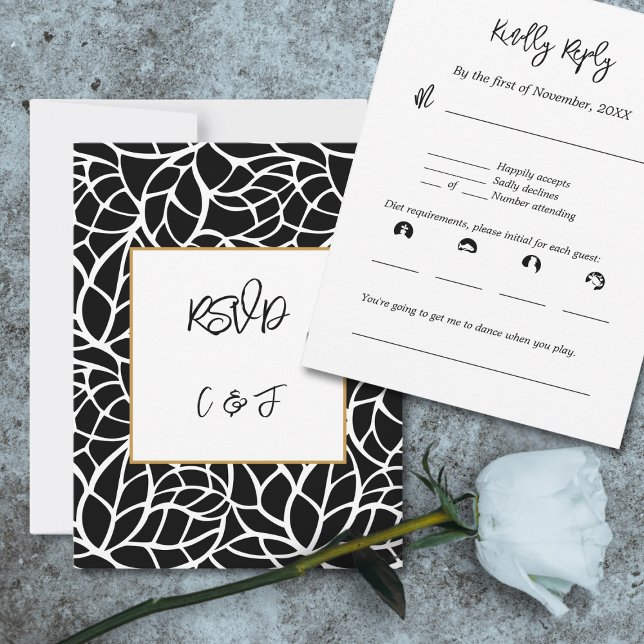 Tarjeta RSVP del patrón de follaje de resumen blan (Black White Abstract Foliage Pattern RSVP Card)