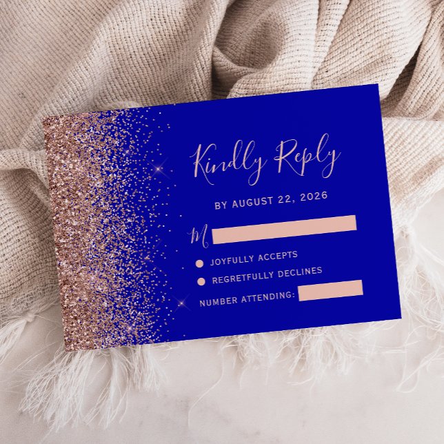 Tarjeta RSVP del Purpurina Royal Blue Rosa Gold Fa (Subido por el creador)
