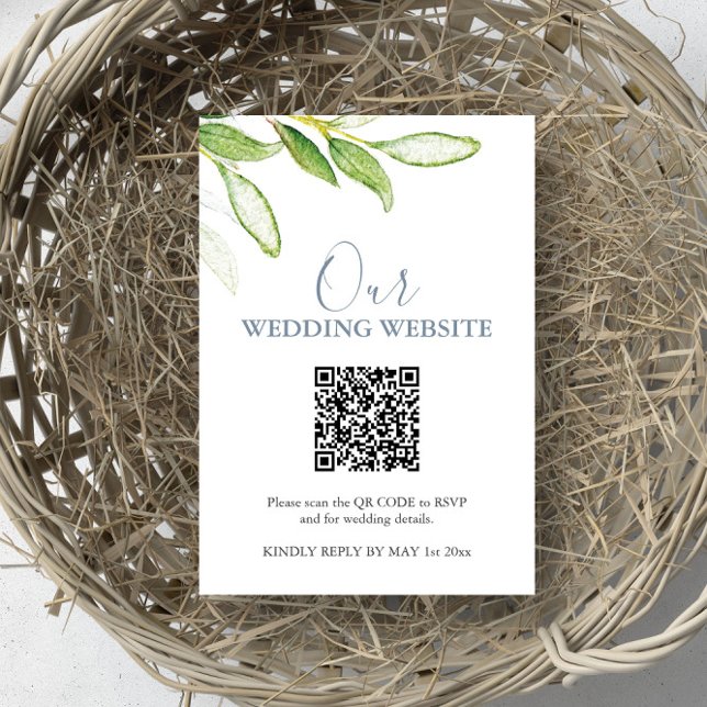 Tarjeta RSVP del sitio web del Boda botánico con c (rsvp card wedding website QR code watercolor greenery art by Victoria Grigaliunas of Do Tell A Belle)