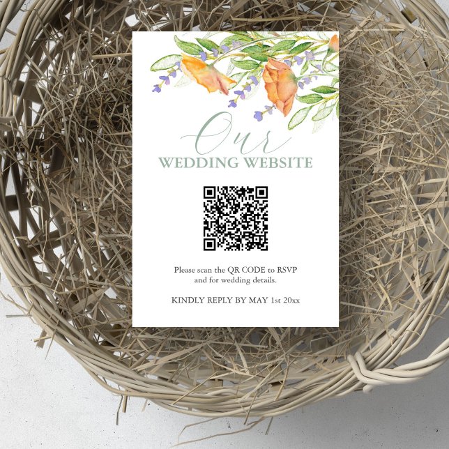 Tarjeta RSVP del sitio web del Boda de Flores Silv (Wedding website insert card with QR code features unique watercolor floral art Victoria Grigaliunas)