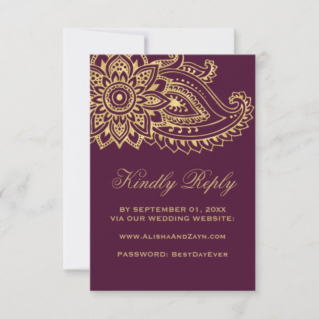 Tarjeta RSVP del sitio web del Boda de paisley ind (Anverso)