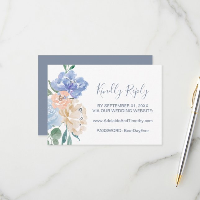 Tarjeta RSVP del sitio web del Boda Dusty Blue Flo (Anverso/Reverso In Situ)