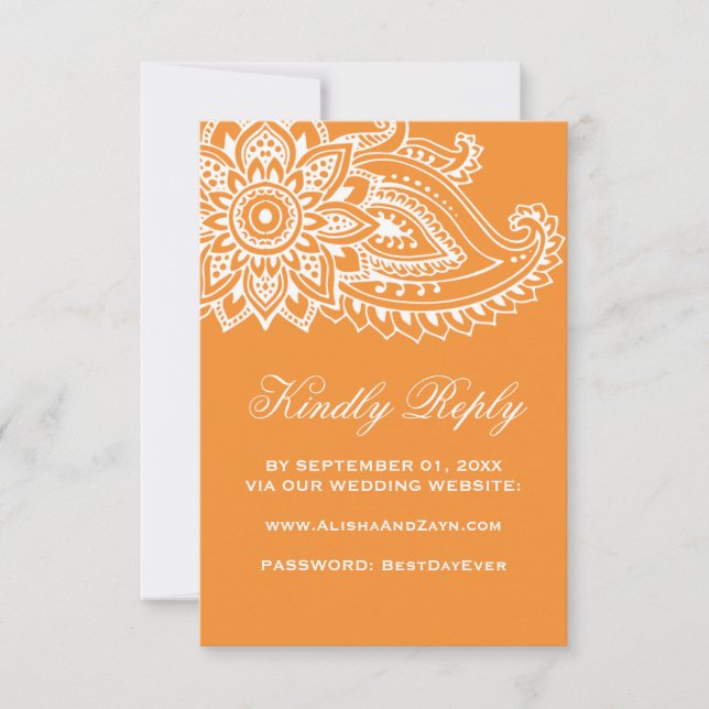 Tarjeta RSVP del sitio web del Boda naranja indio  (Anverso)