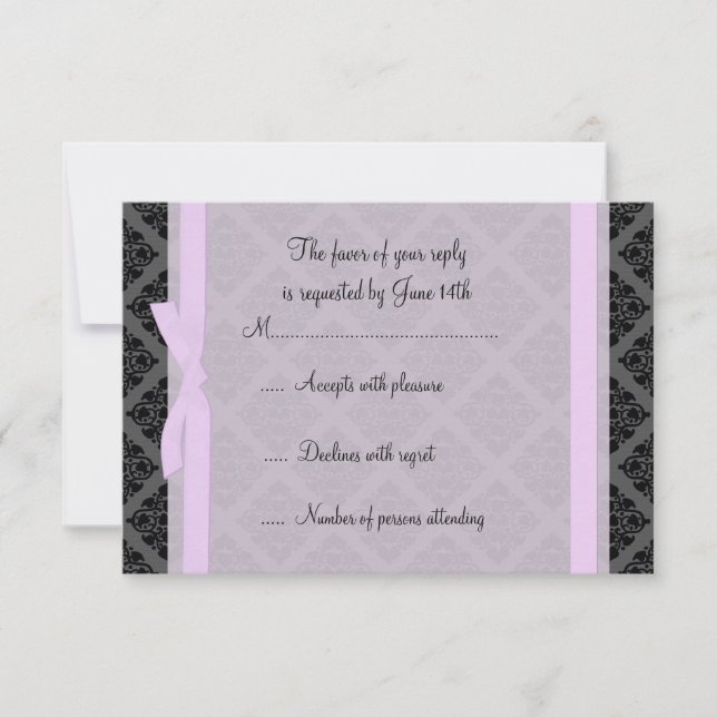 Tarjeta RSVP Demure de Damask rosa y Negro (Anverso)