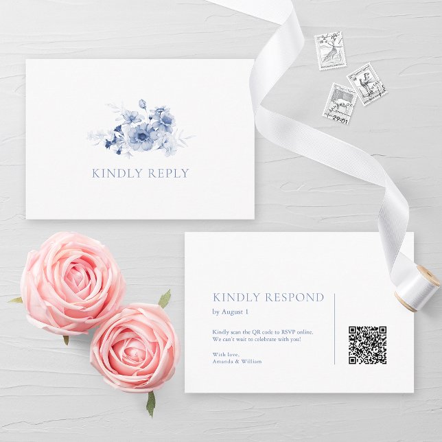 Tarjeta RSVP Dusty Blue Floral con código QR (Subido por el creador)