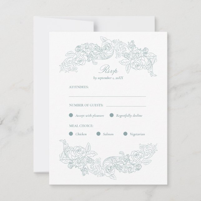 Tarjeta RSVP Dusty Blue Rococo Meal Choice (Anverso)