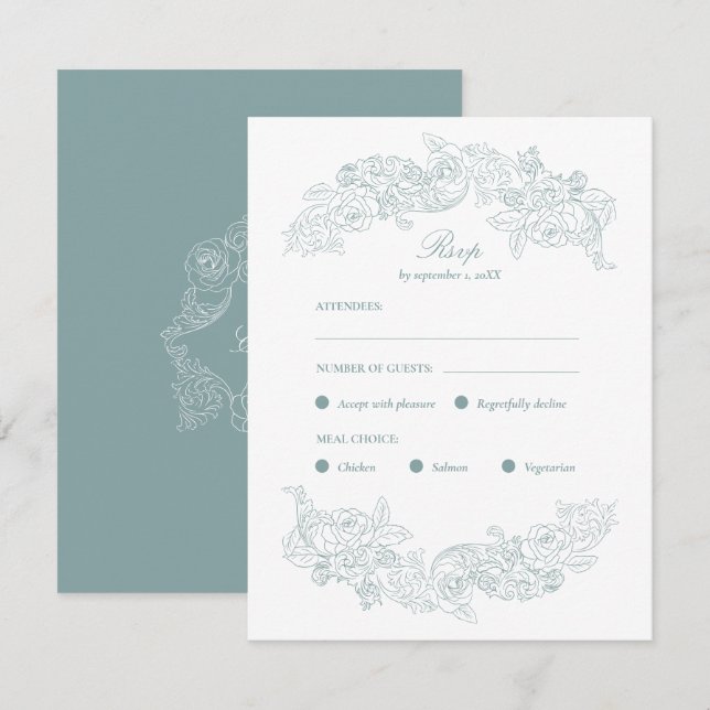 Tarjeta RSVP Dusty Blue Rococo Meal Choice (Anverso / Reverso)