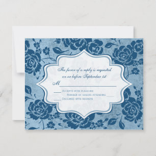 Tarjeta RSVP Dusty Blue, White Floral Damask Weddi