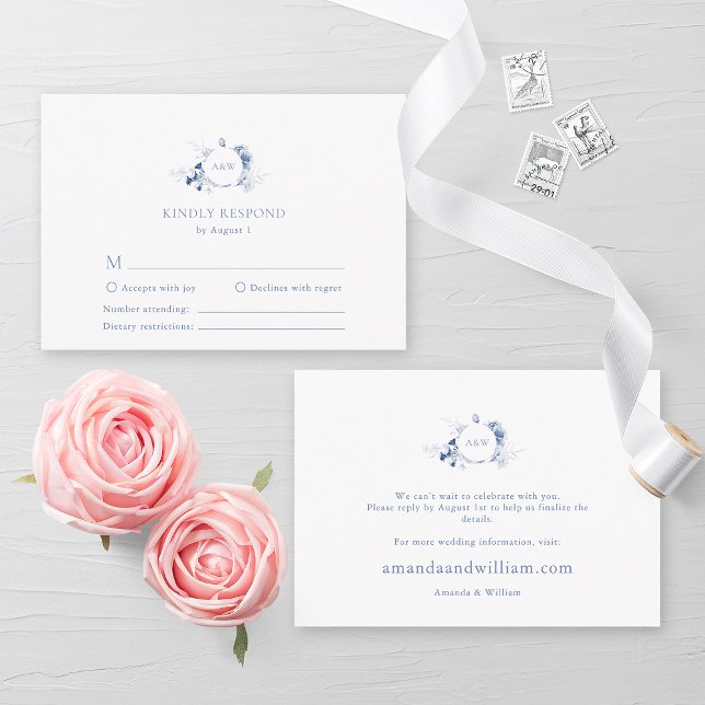 Tarjeta RSVP Dusty Floral Azul con Monograma (Subido por el creador)