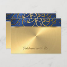Tarjeta RSVP Elegante azul y oro filigrí