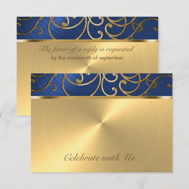 Tarjeta RSVP Elegante azul y oro filigrí (Anverso / Reverso)