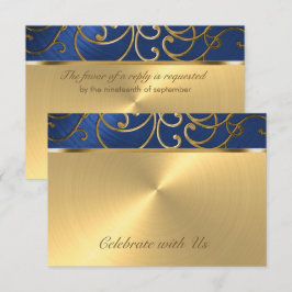 Tarjeta RSVP Elegante azul y oro filigrí
