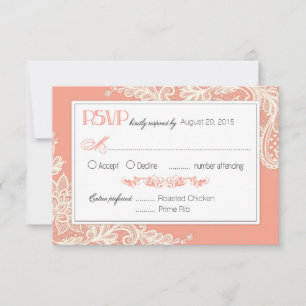 Tarjeta RSVP elegante de coral y encaje blanco
